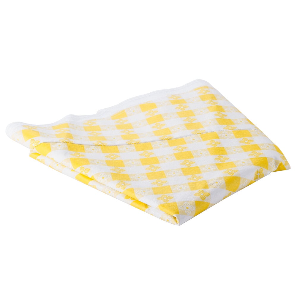 60" Round Yellow Checkered Vinyl Table Cover with Flannel Back