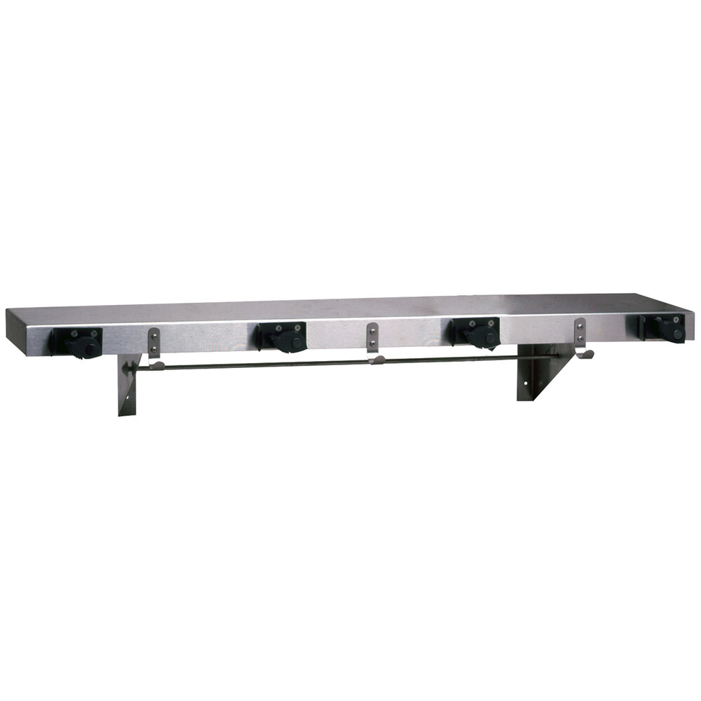 Bobrick B224 36" Stainless Steel Shelf with 4 Broom Holders and Rag Hooks 36" x 8"