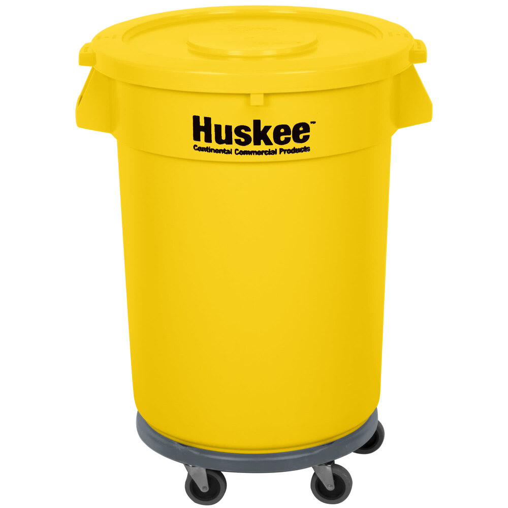 Continental 32 Gallon Yellow Round Trash Can, Lid, and Dolly Kit