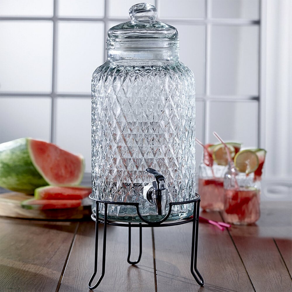 Gallon Style Setter Quilted Glass Beverage Dispenser With Metal Stand