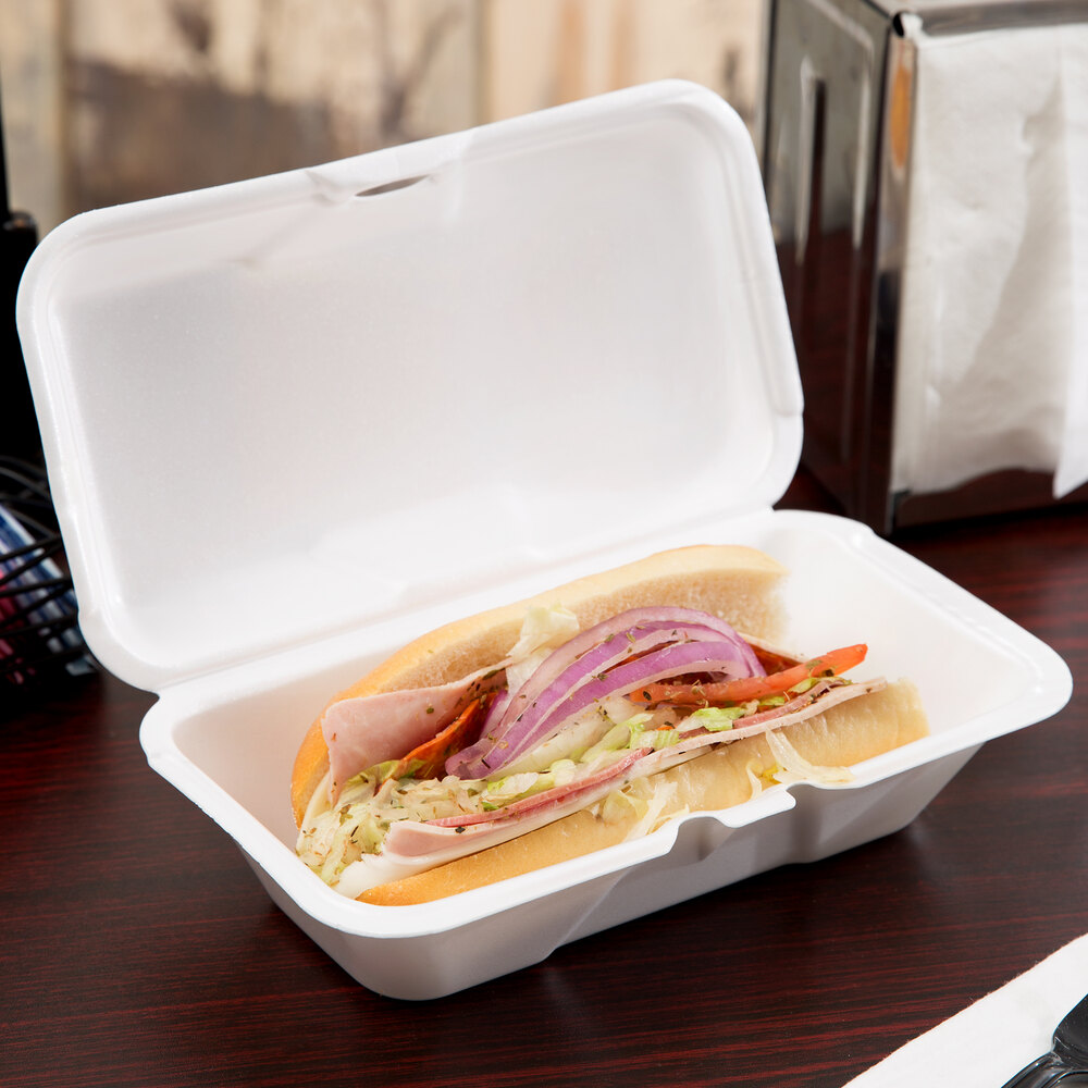 Genpak 21900 9 1/2" x 5 1/4" x 3 1/2" White Large Foam Hinged Lid