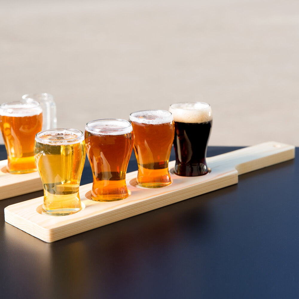 Libbey Mini Pub Glass Beer Flight Set - 4 Glasses with Natural Wood Paddle