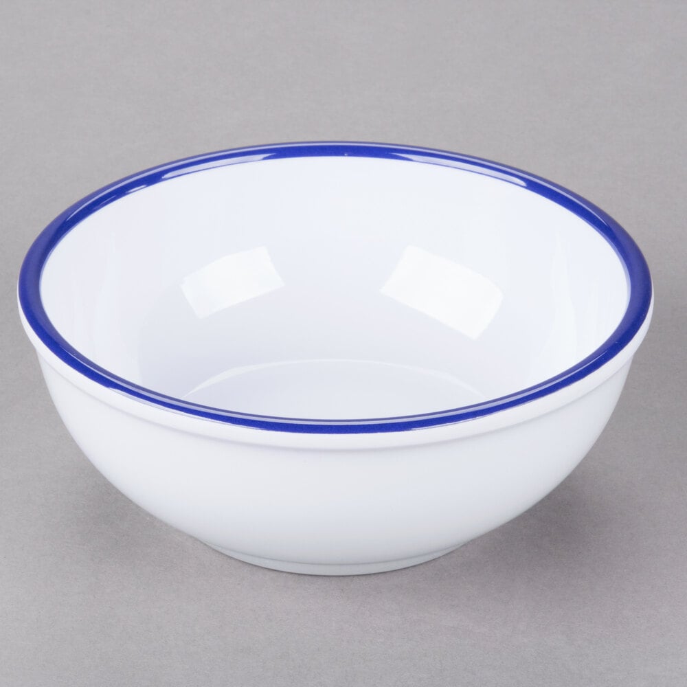 CalMil 3467415 Enamelware 4 1/2" White Small Melamine Bowl with Blue Rim