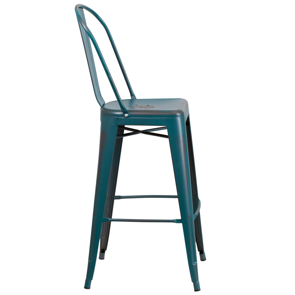 Distressed Kelly BlueTeal Metal Bar Height Stool with Vertical Slat Back and Drain Hole Seat