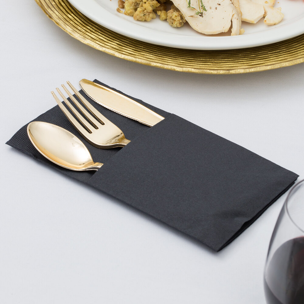 Visions Gold Heavy Weight Plastic Cutlery Set with Black Pocket Fold