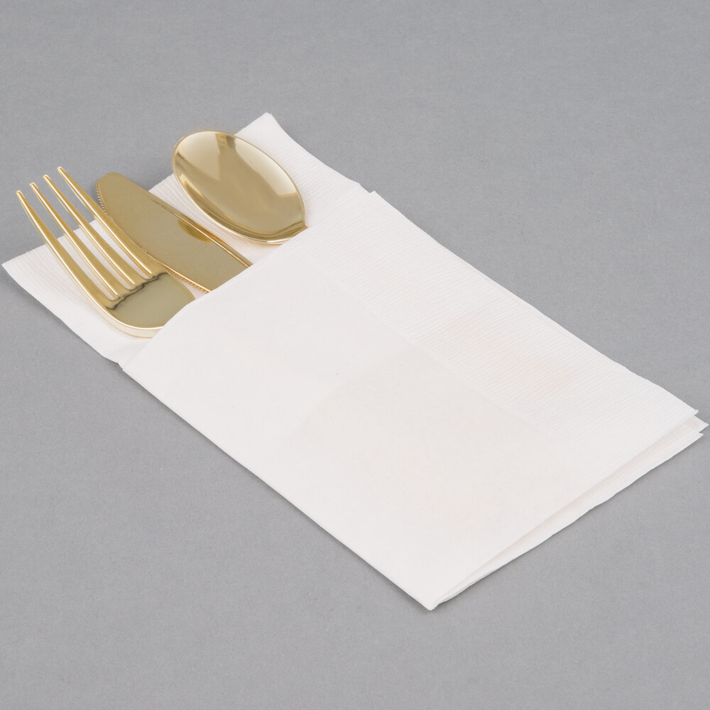 Visions Gold Heavy Weight Plastic Cutlery Set with White Pocket Fold