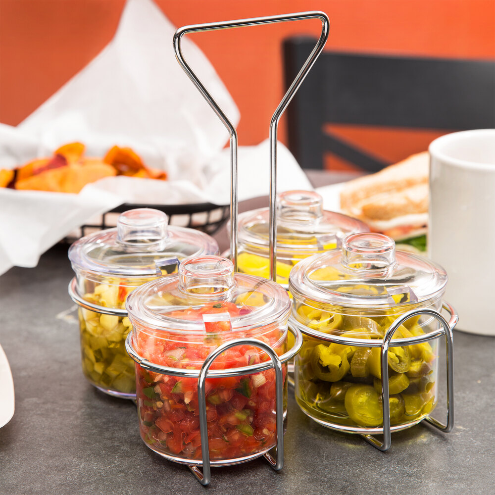 4 Compartment Wire Condiment Caddy with 7 oz. Clear Plastic Jars and Lids