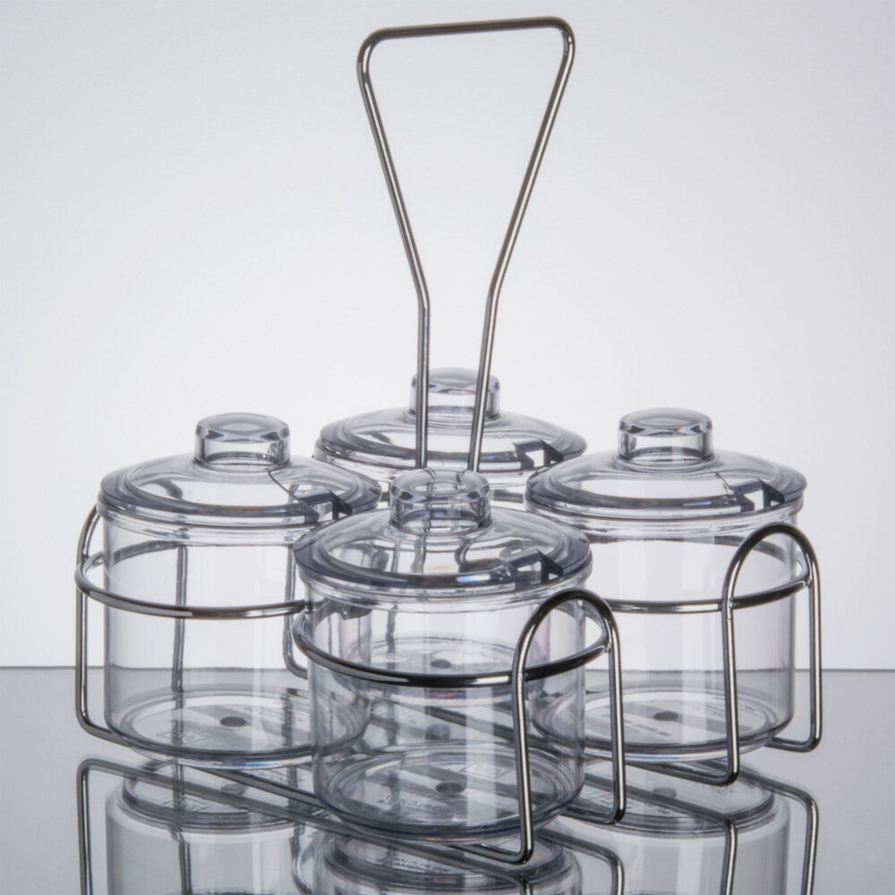 4 Compartment Wire Condiment Caddy with 7 oz. Clear Plastic Jars and Lids