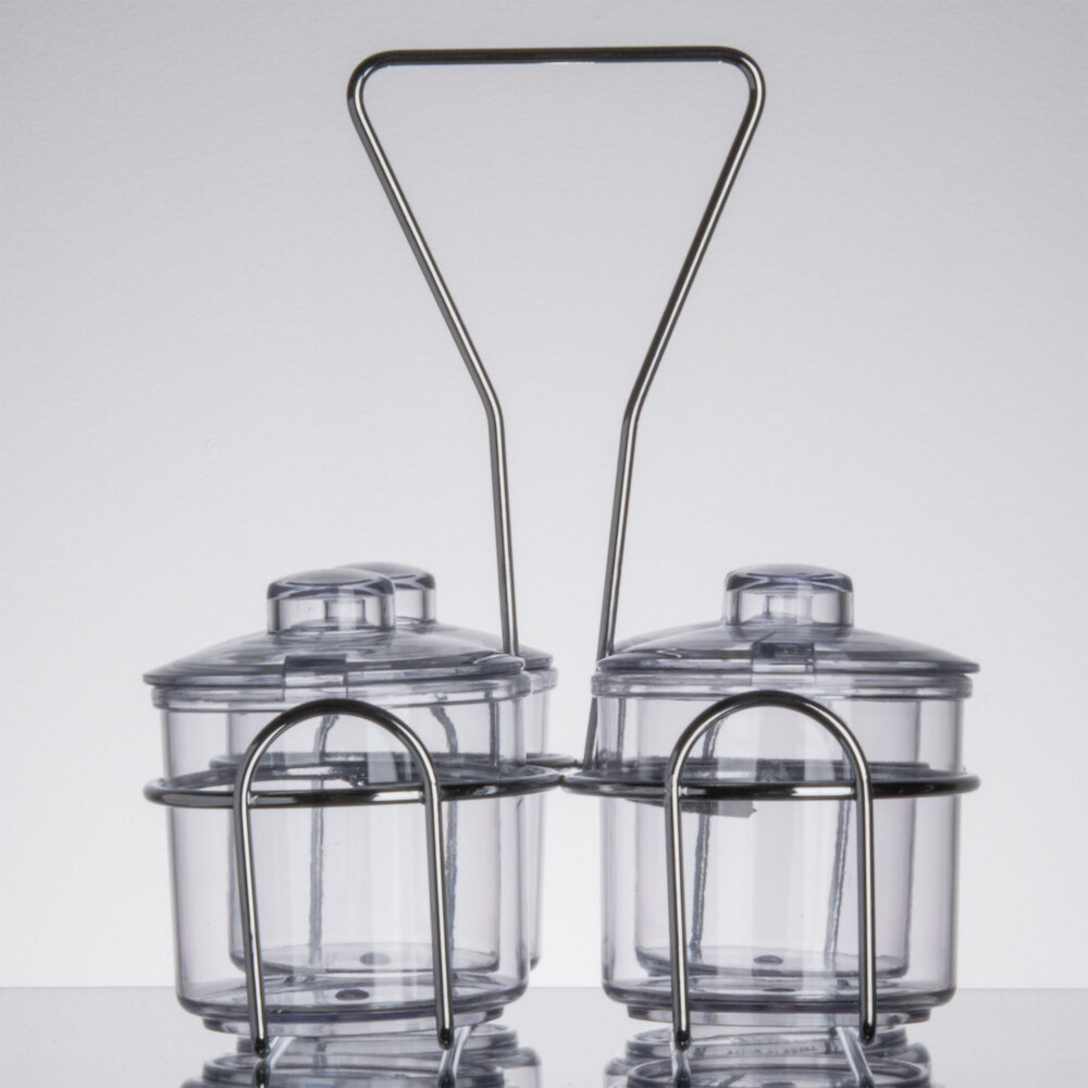 4 Compartment Wire Condiment Caddy with 7 oz. Clear Plastic Jars and Lids