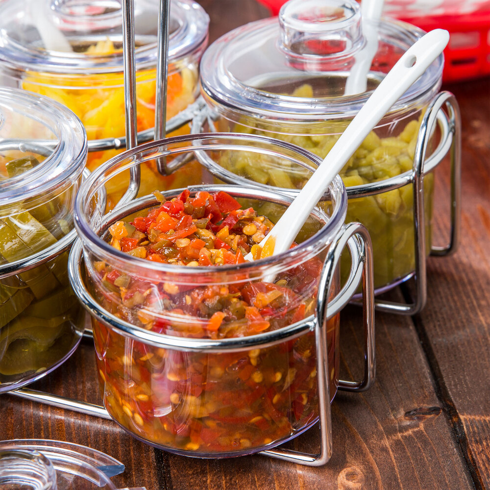 4 Compartment Wire Condiment Caddy with 7 oz. Clear Plastic Jars and Lids