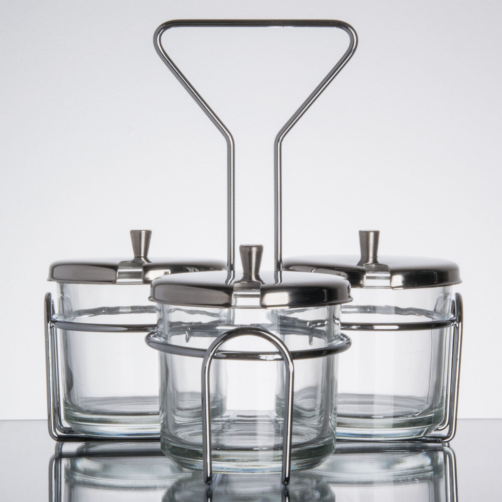 3 Compartment Wire Condiment Caddy with 7 oz. Glass Jars and Stainless