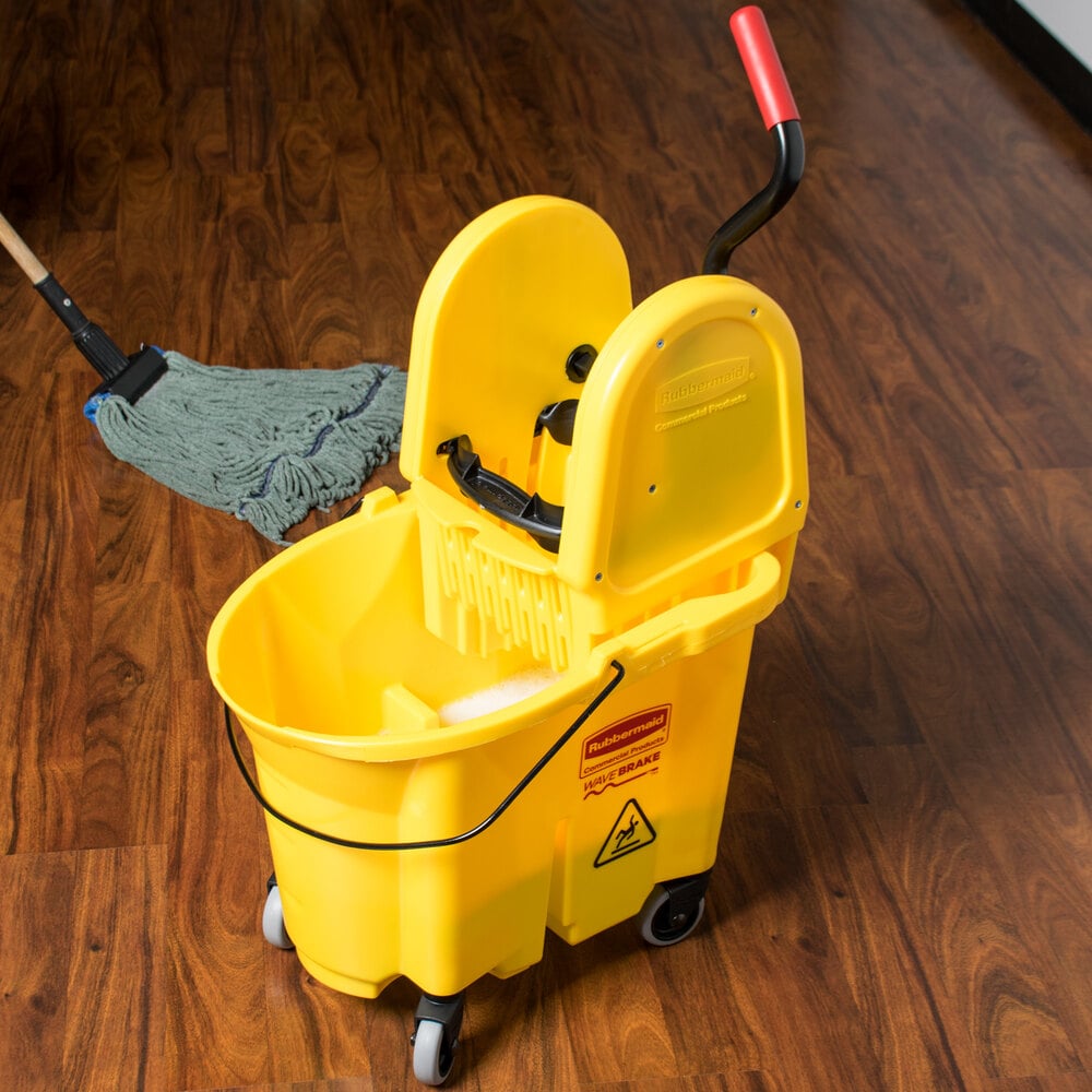 Rubbermaid Fg757900yel Wavebrake® 35 Qt Yellow Institutional Mop Bucket With Down Press Wringer