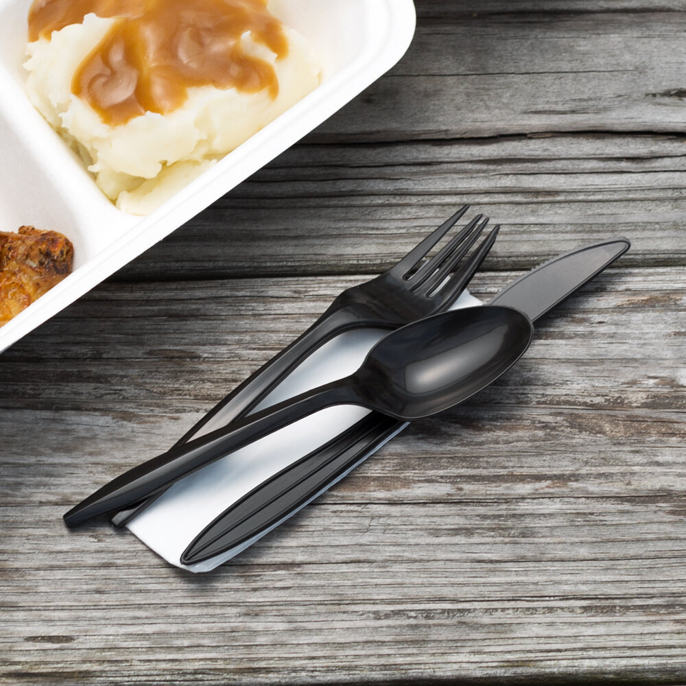 Choice Medium Weight Black Wrapped Plastic Cutlery Set with Napkin