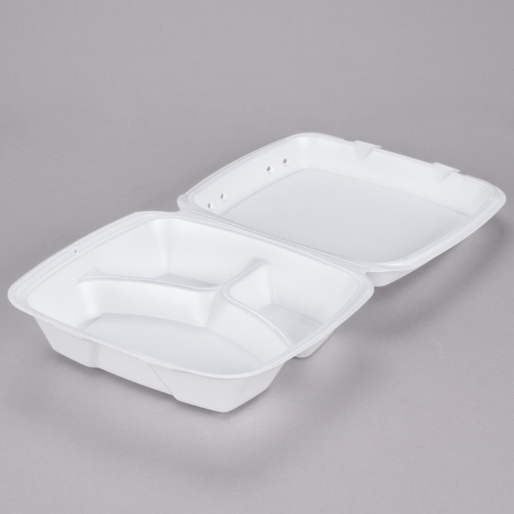 Dart 90HTPF3VR 9" x 9" x 3" White Foam Square Vented 3 Compartment Take Out Container with