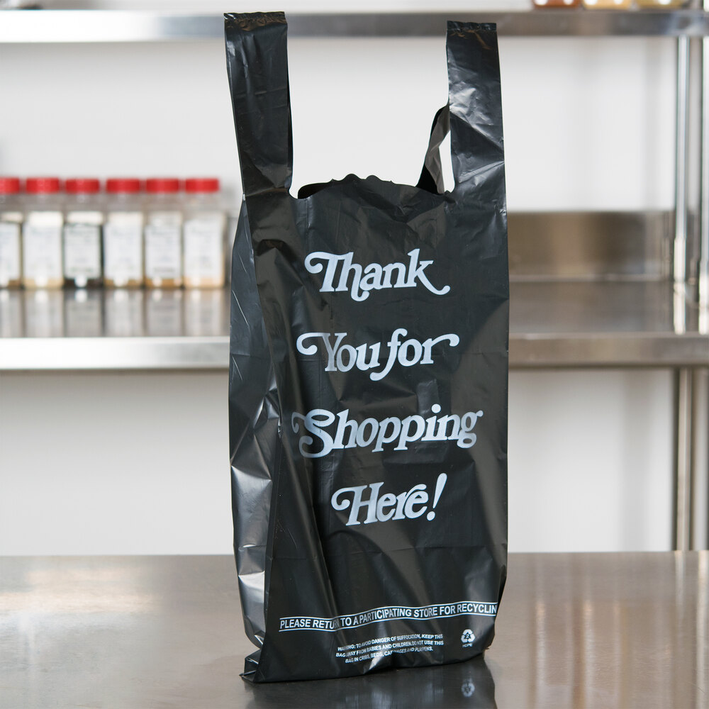 .98 Mil Black Italic Thank You HeavyDuty Plastic Liquor Bag 1000/Case