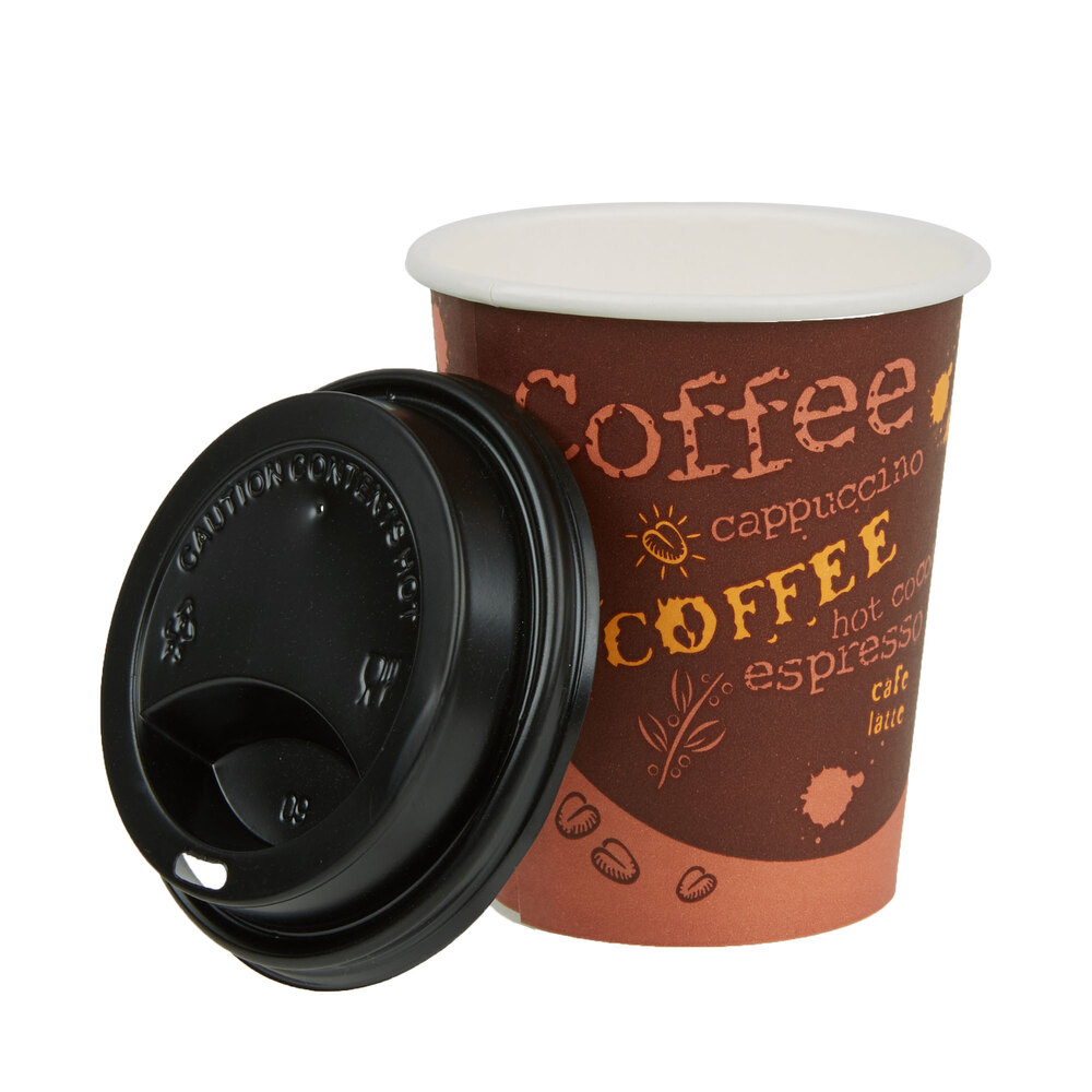 Choice 8 oz. Coffee Print Poly Paper Hot Cup and Lid 100/Pack