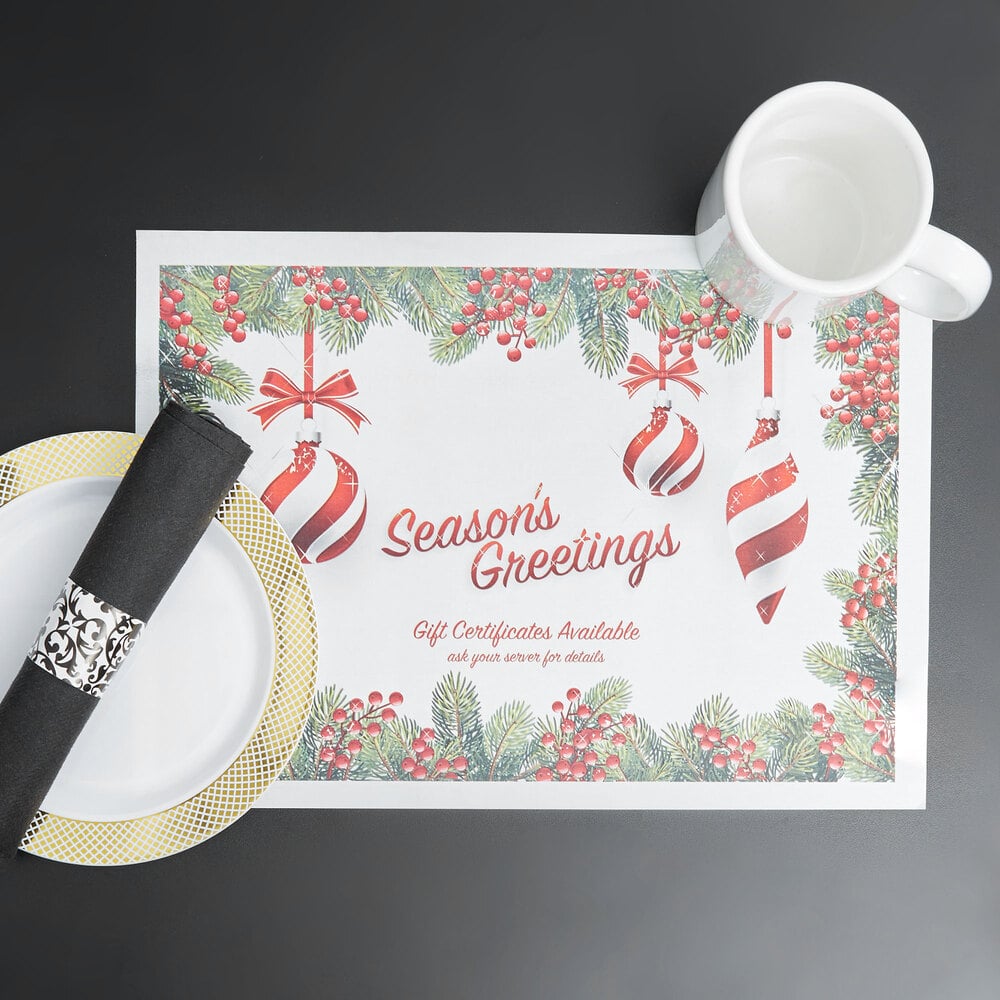 Hoffmaster 311143 10" x 14" Holiday Ornaments Gift Certificate Placemat