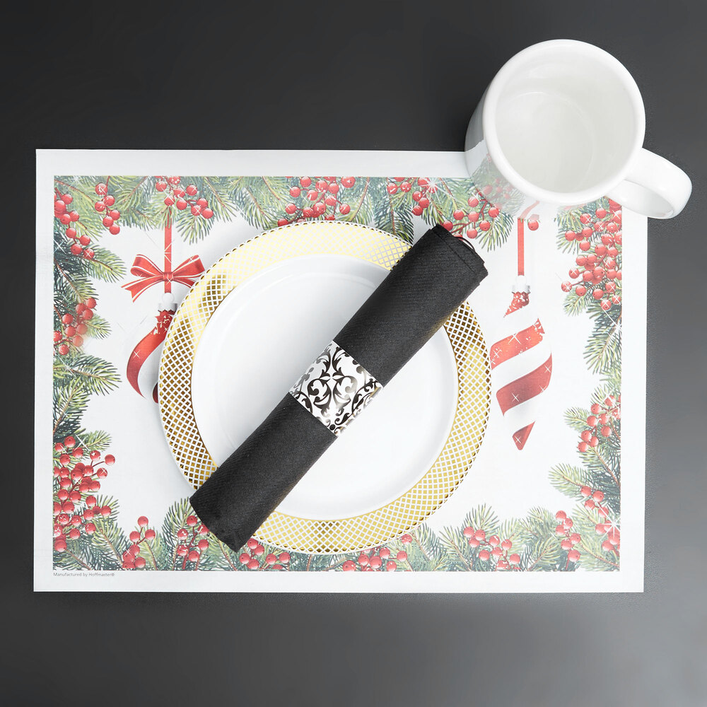 Hoffmaster 311143 10" x 14" Holiday Ornaments Gift Certificate Placemat