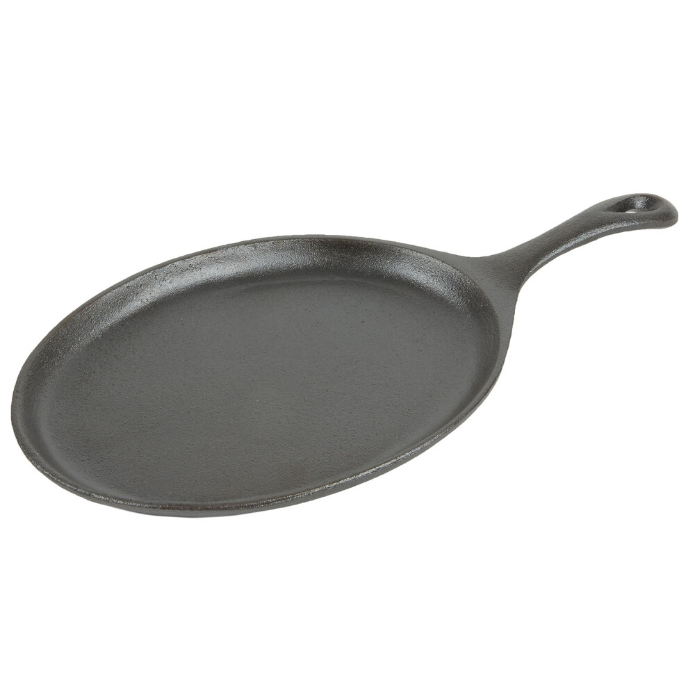 Choice 14 1/4" x 7" Oval Cast Iron Fajita Pan Set with Wood Serving