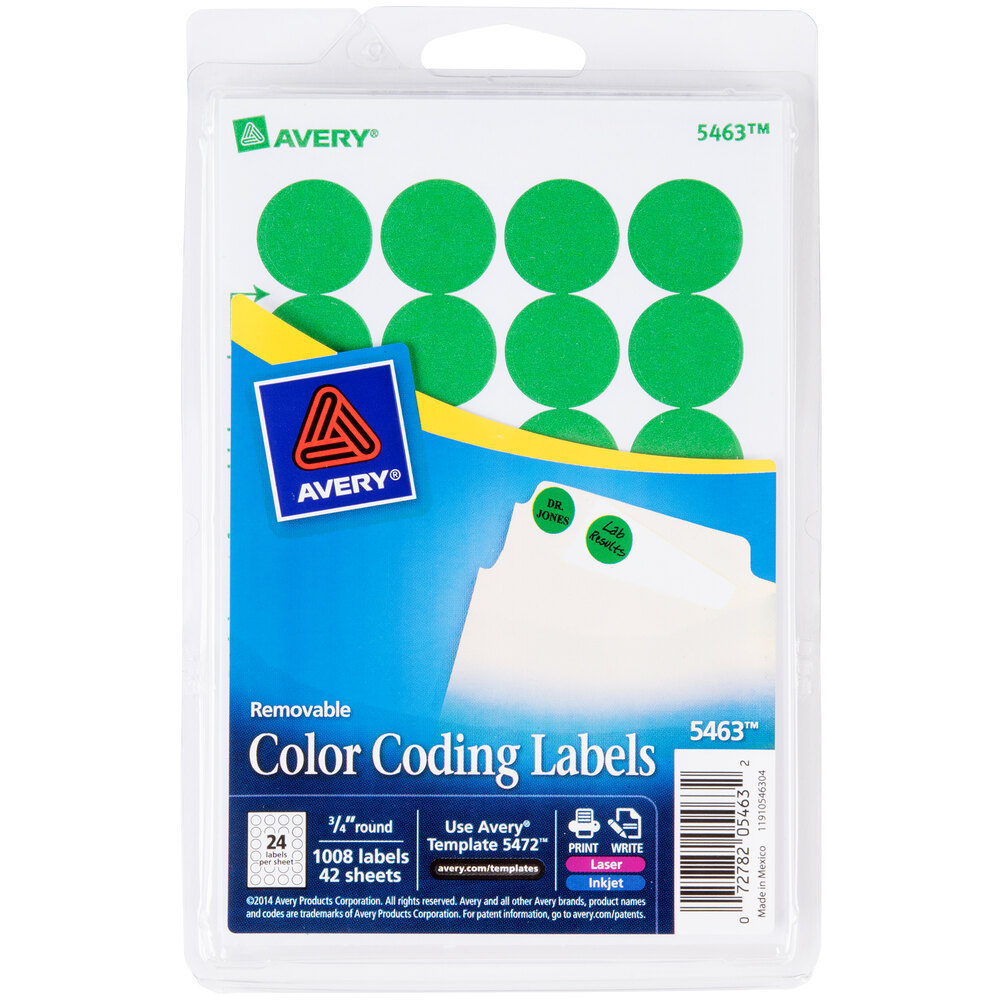 Avery 5463 3/4" Green Round Removable WriteOn / Printable Labels