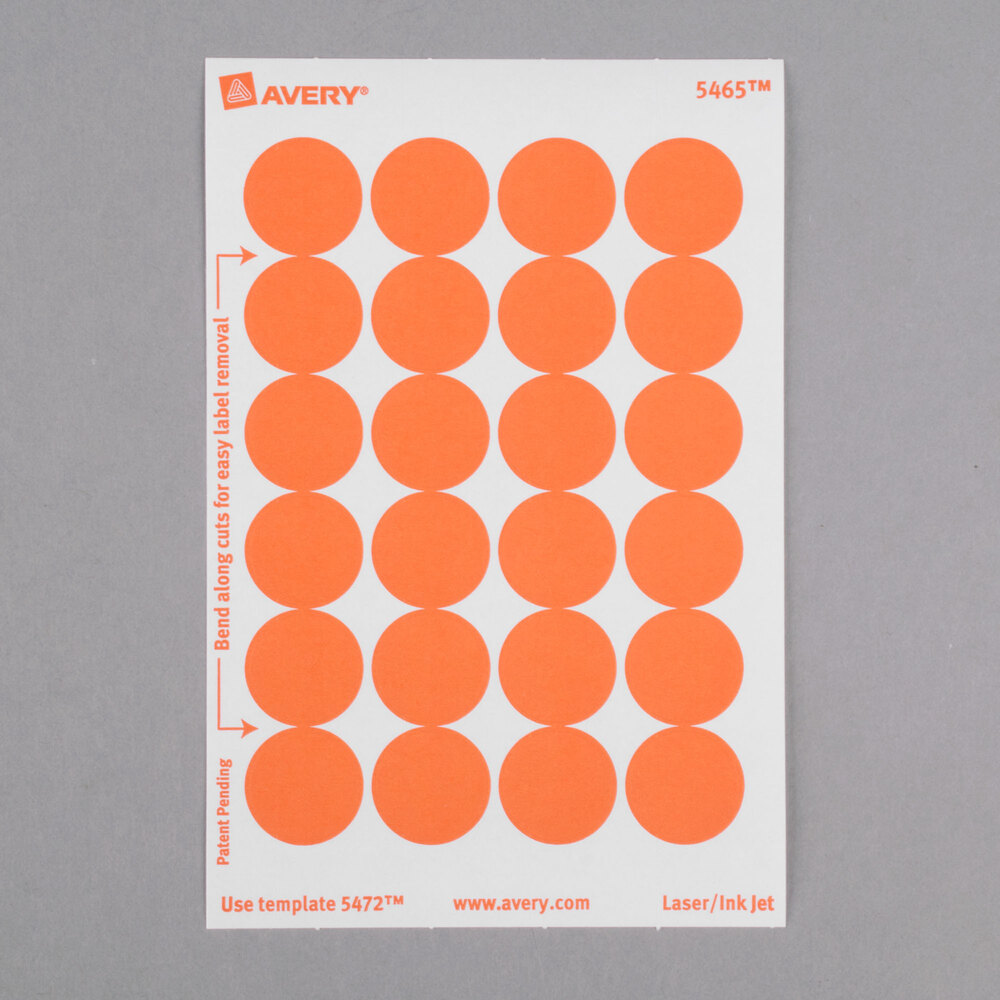Avery 5465 3/4" Orange Round Removable WriteOn / Printable Labels