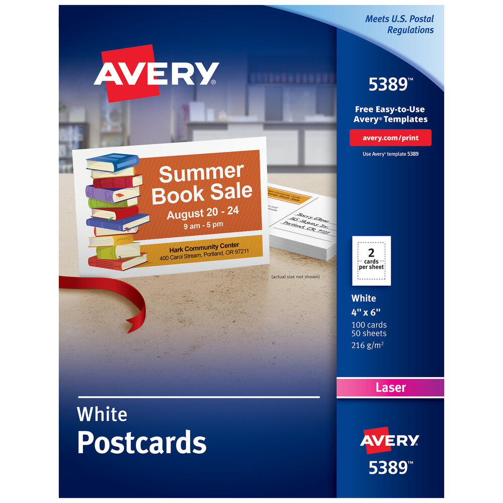 Avery 5389 4" x 6" White Printable Postcards 100/Pack