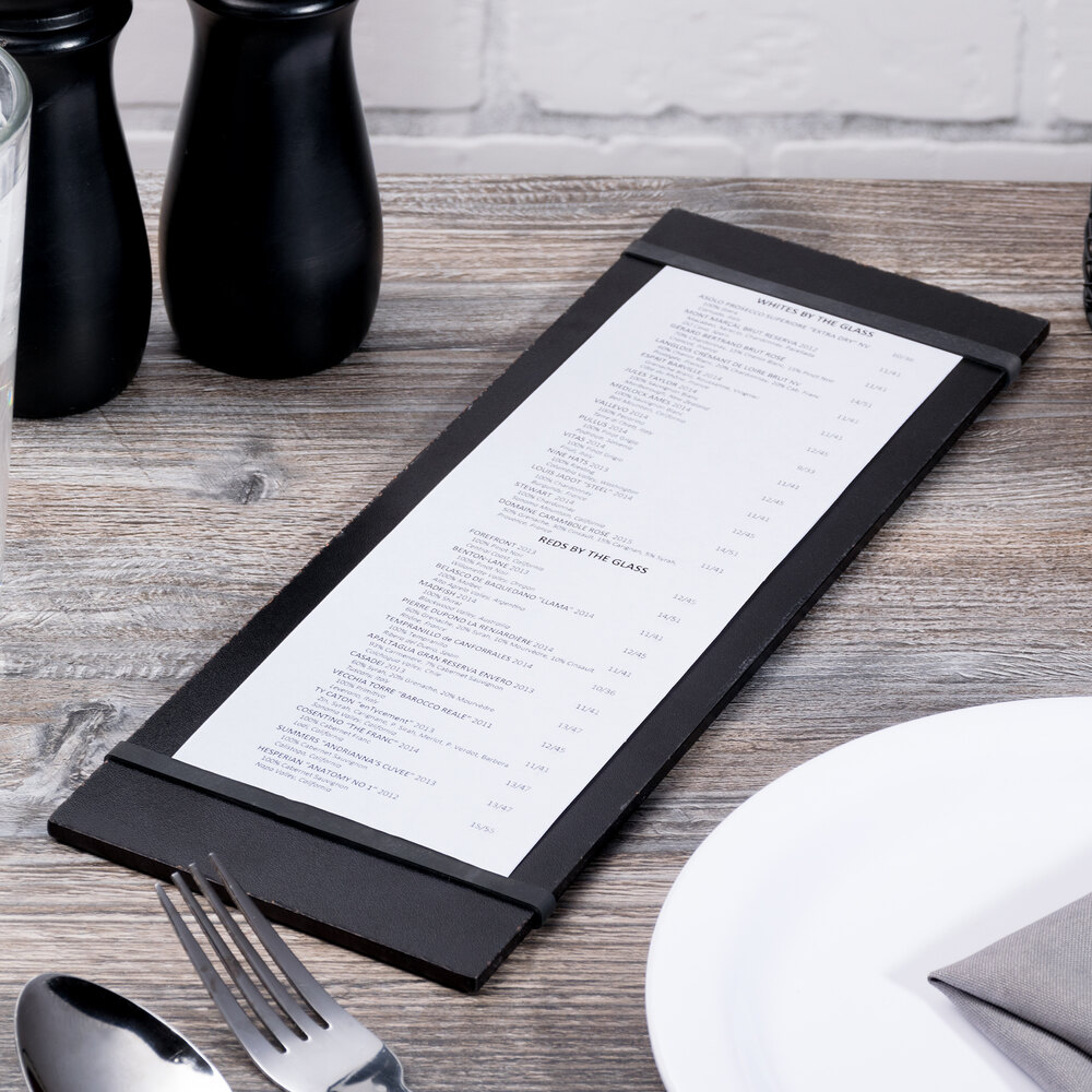 Choice 12 1/2" x 4 1/2" Black Wood Menu Holder with Straps