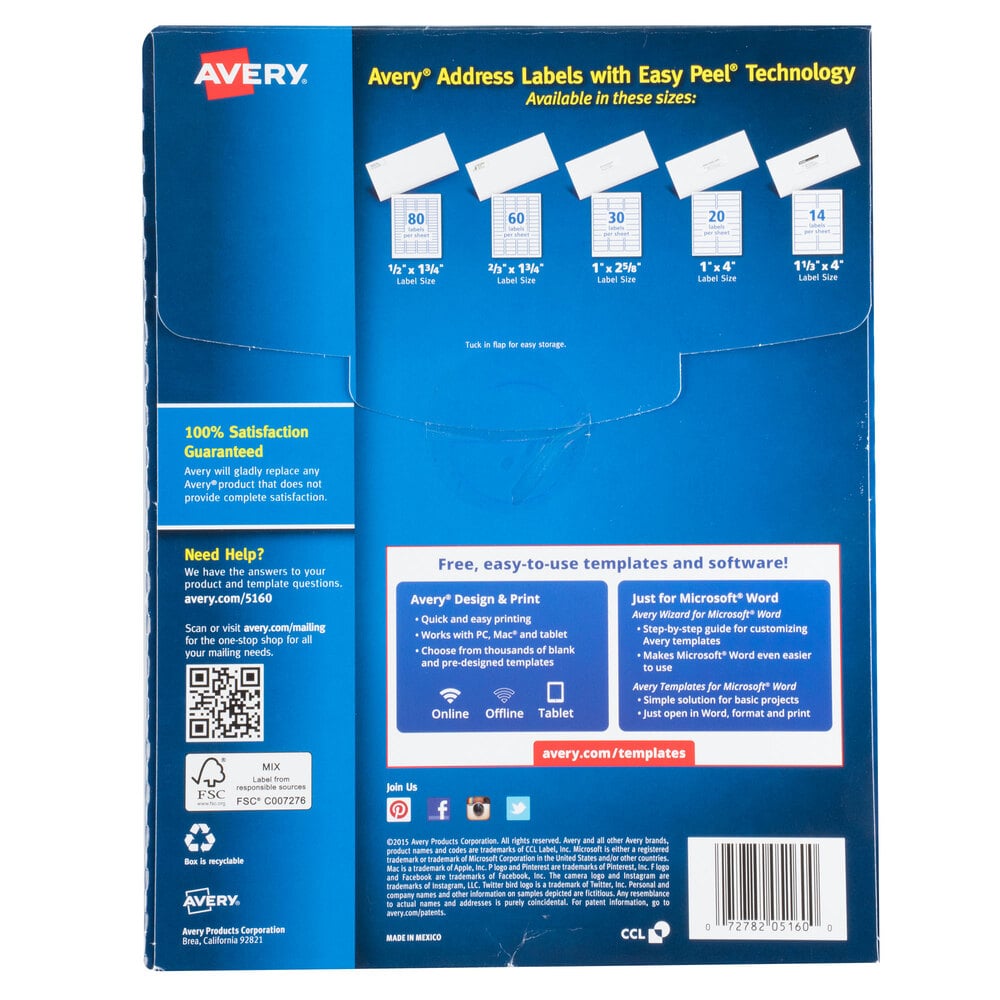 Avery 5160 1" x 2 5/8" White Easy Peel Mailing Address ...