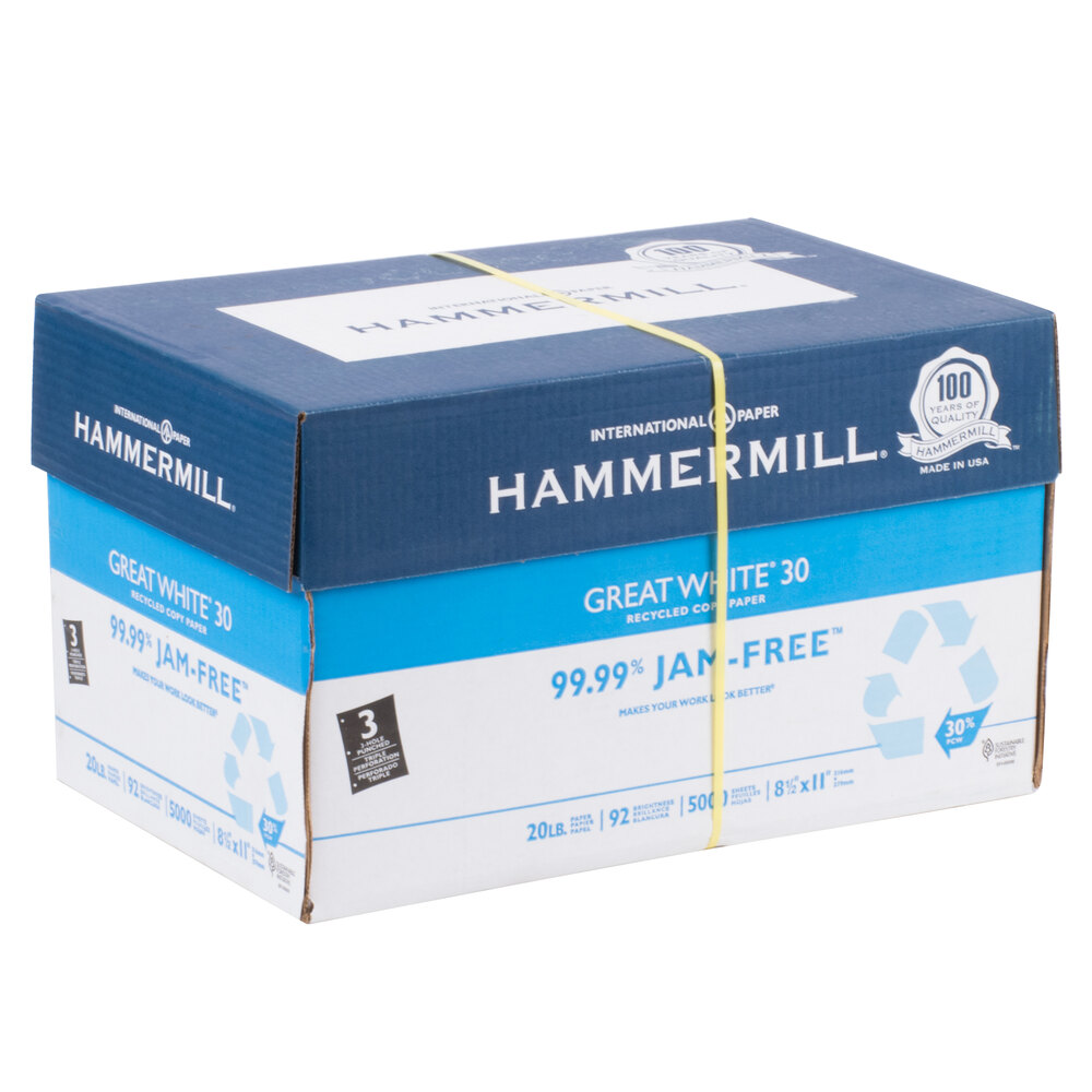 Hammermill 86702 Great White 8 1/2" x 11" White Ream of 3Hole Punched 20 Recycled Copy Paper