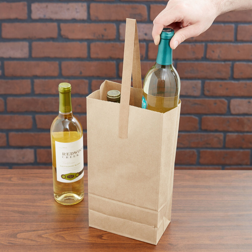 2 Bottle Kraft Paper Wine Bag with Handle - 25/Pack