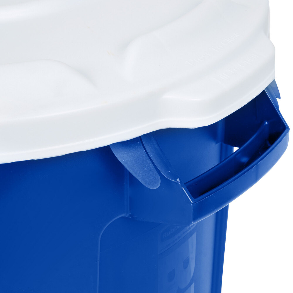 Rubbermaid Brute 10 Gallon Blue Round Recycling Can With White Lid