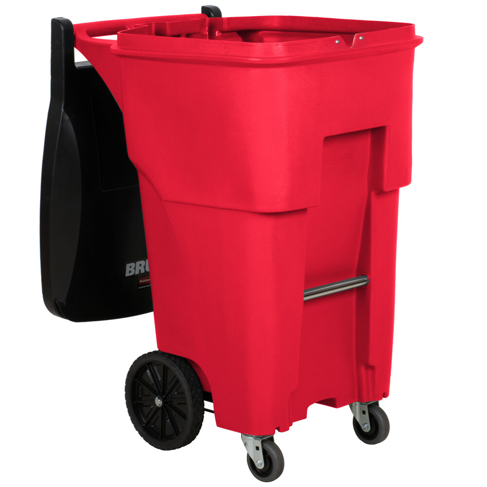 Rubbermaid 1971977 Brute 65 Gallon Red Wheeled Rectangular Trash Can with Locking Lid and Casters