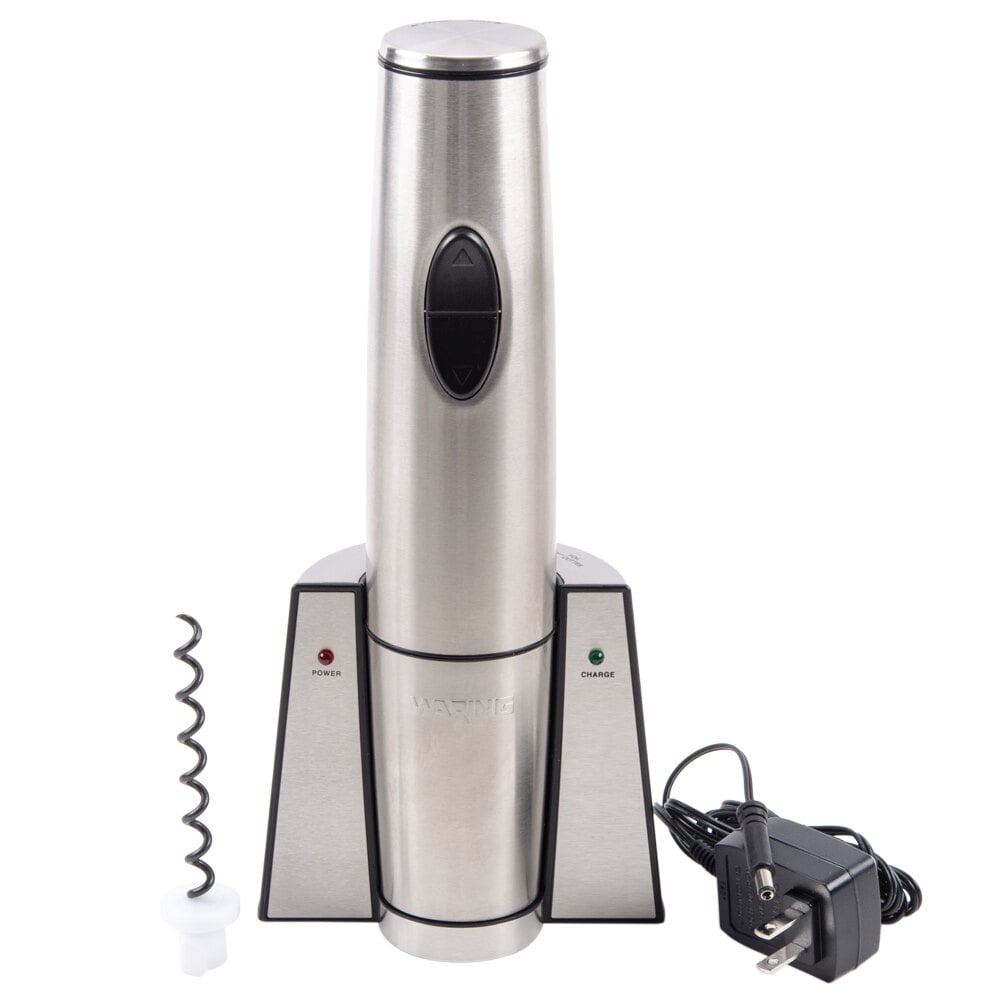 Waring stainless steel electric wine bottle opener with plug on right and corkscrew on left side