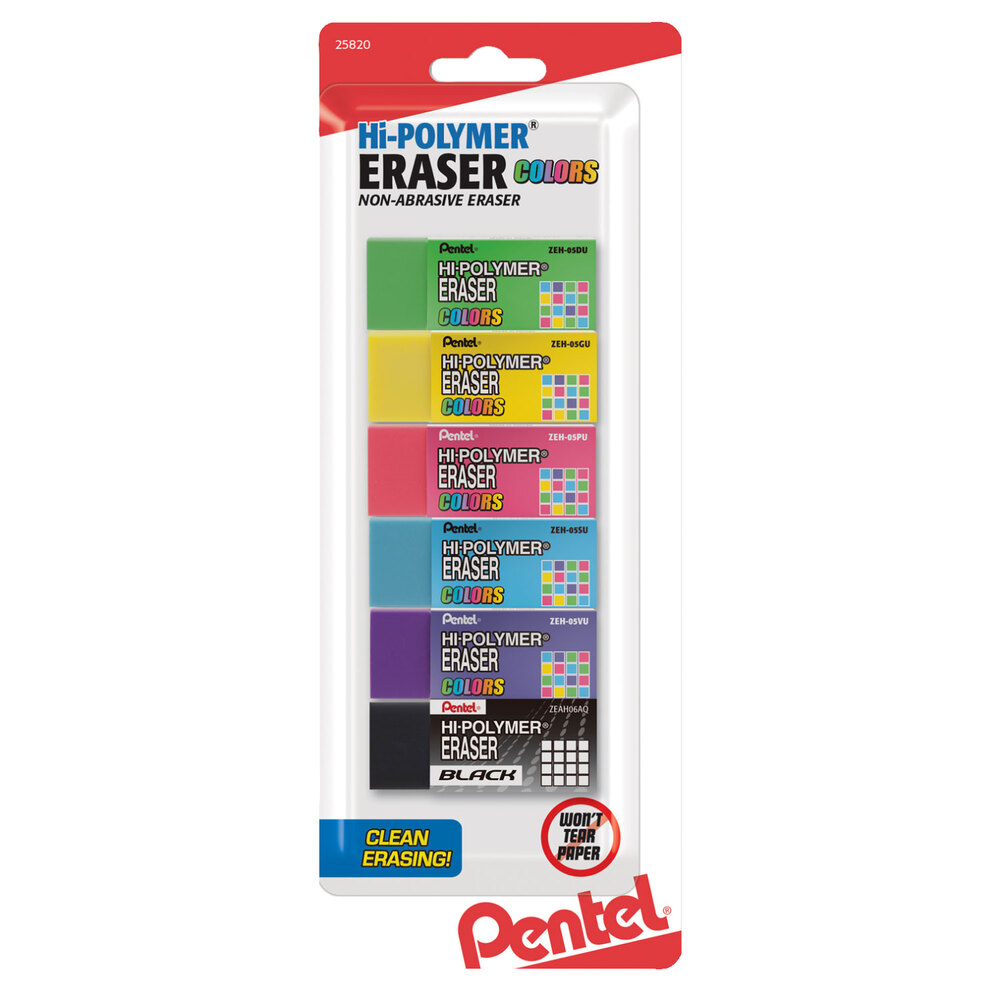 Pentel ZEH05CRBP6M Assorted Color HiPolymer Block Eraser 6/Pack