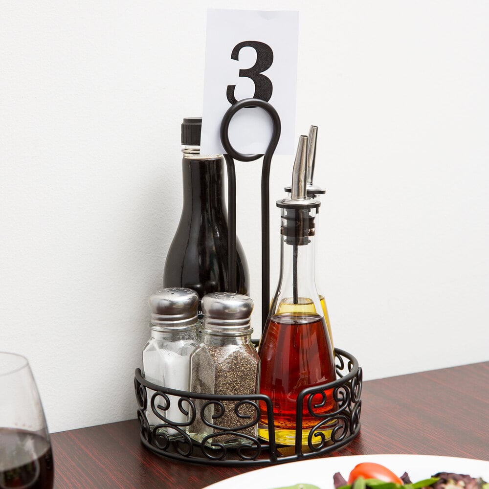 Choice Black Round Mediterranean Wrought Iron Condiment Caddy with Card