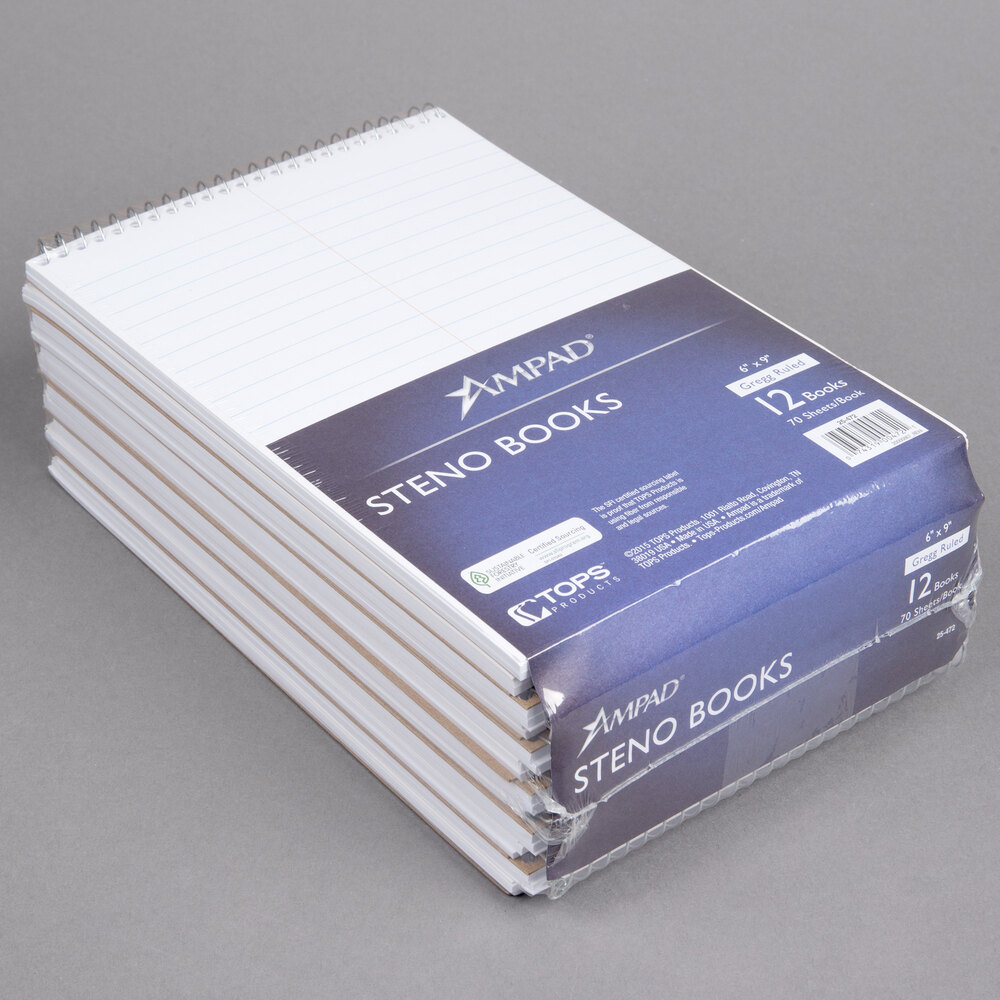 Ampad 25472 6" x 9" Gregg Ruled White Wirebound Steno Pad 12/Pack