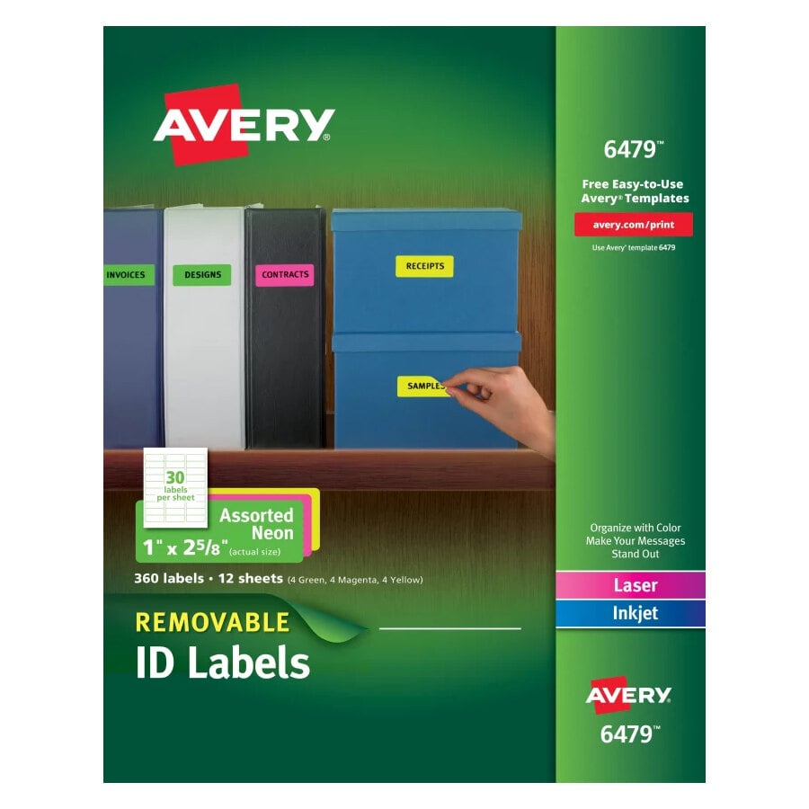 Avery 6479 1 X 2 58 Assorted Neon Color Removable Id Labels 360pack