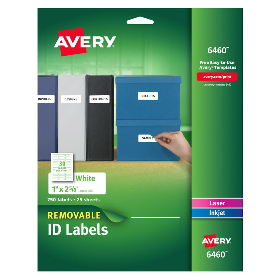 Avery 6460 1" x 2 5/8" White Removable ID Labels 750/Pack