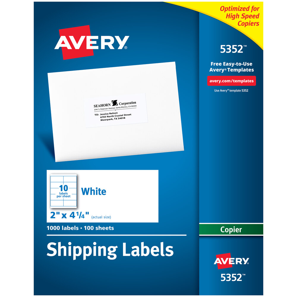 Avery 5352 2" x 4 1/4" White Copier Shipping Labels 1000/Box