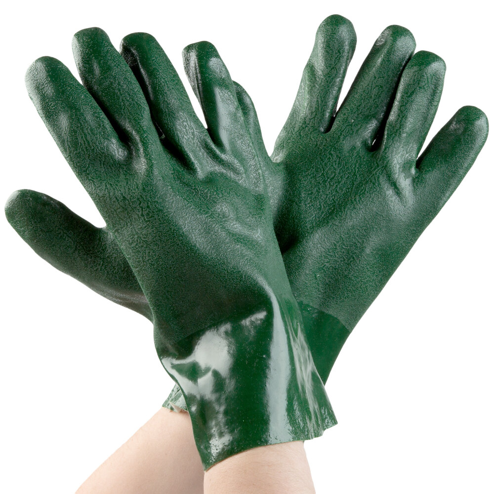 Green Etched Supported 12" PVC Gloves with Jersey Lining Large Pair