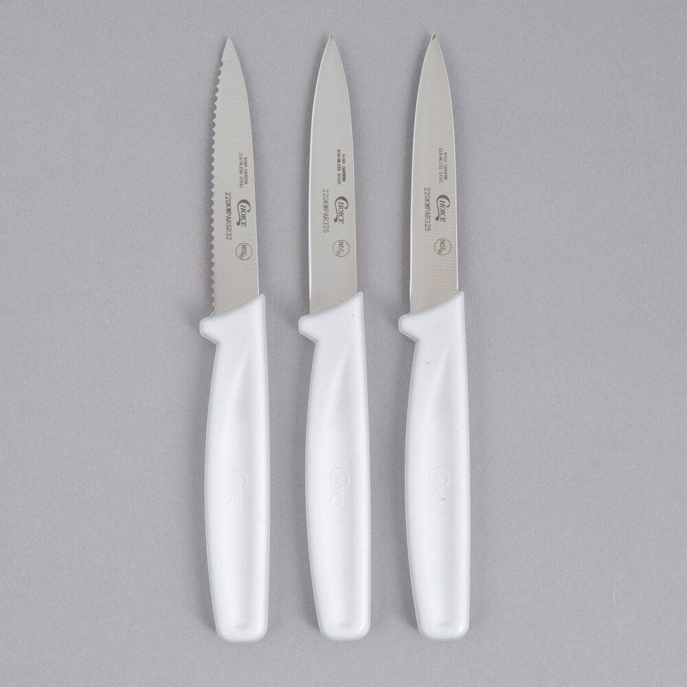 Choice 3 1/4" White Paring Knife Set with 1 Serrated and 2 Smooth Edge Knives