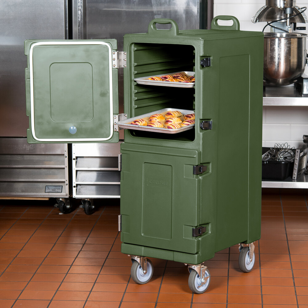 Green Cateraide food pan carrier with pastries shown in the top compartment