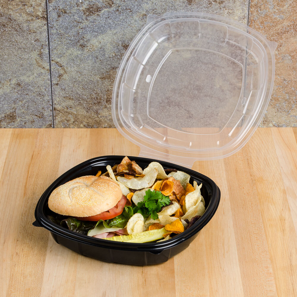 64 oz. Black 10" x 10" x 3" Square Microwaveable Plastic Hinged Take