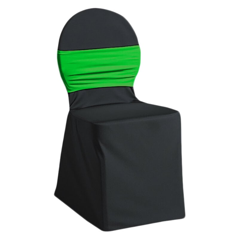 Black chair cover and bright green band snugly fit over an oval-back chair