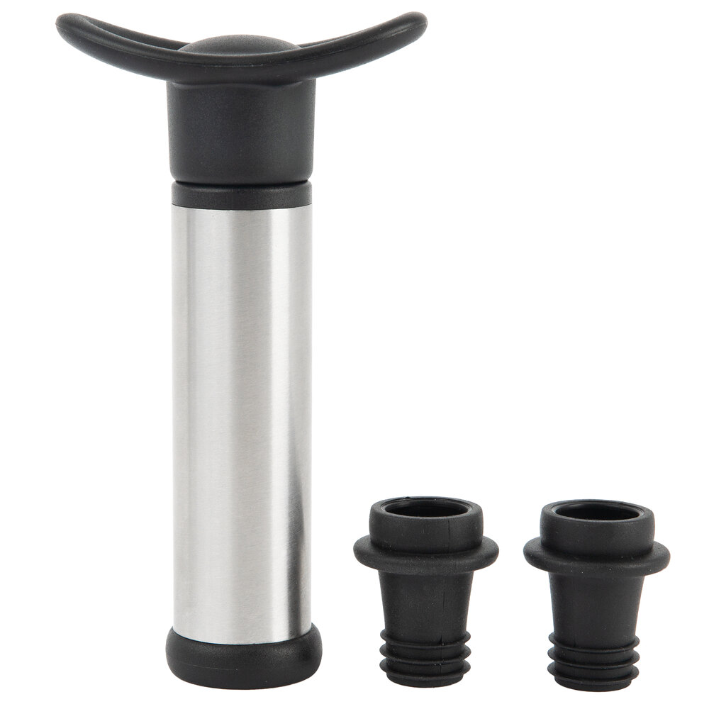 Stainless steel Franmara vacuum pump wine saver with two black stoppers