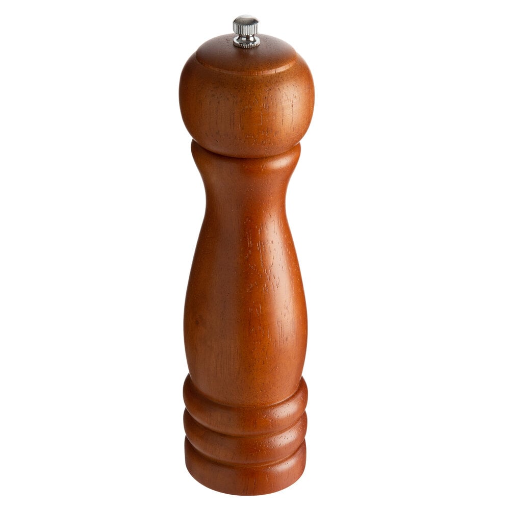 Brown wooden salt / pepper mill with tall, thin shape and rounded top