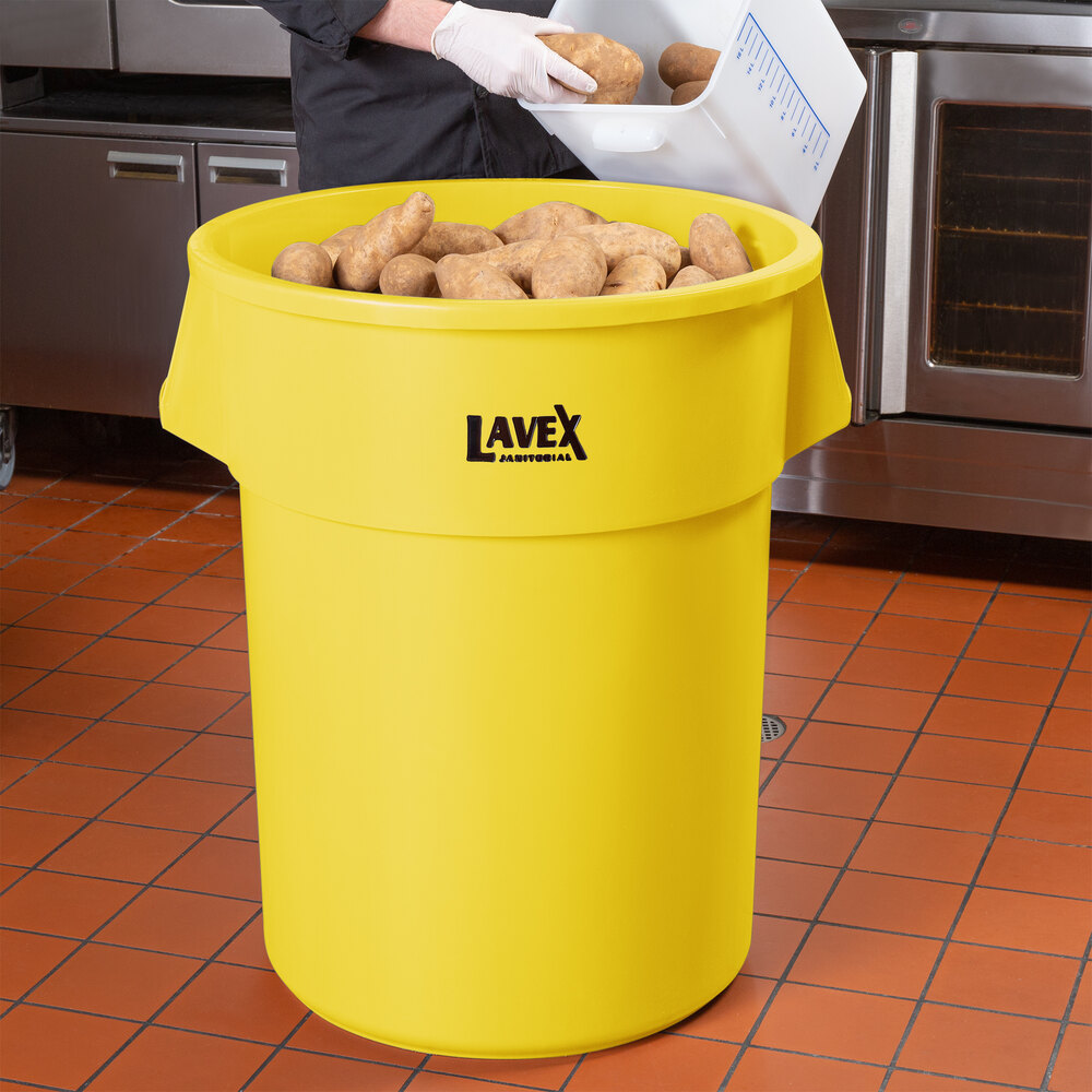 Lavex Janitorial 55 Gallon Yellow Round Commercial Trash Can
