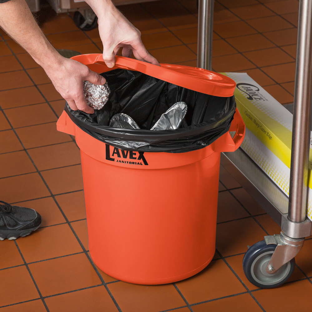 Lavex Janitorial 10 Gallon Orange Round Commercial Trash Can and Lid