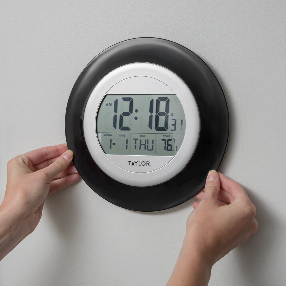 Taylor 1750BK 9 1/4" Black Digital Atomic Wall Clock with Thermometer