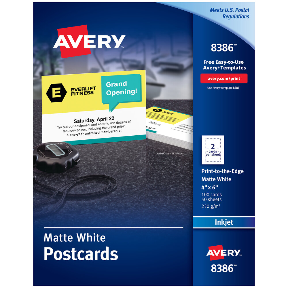 Avery 08386 4" x 6" Matte White Printable TwoSided Postcard 100/Box